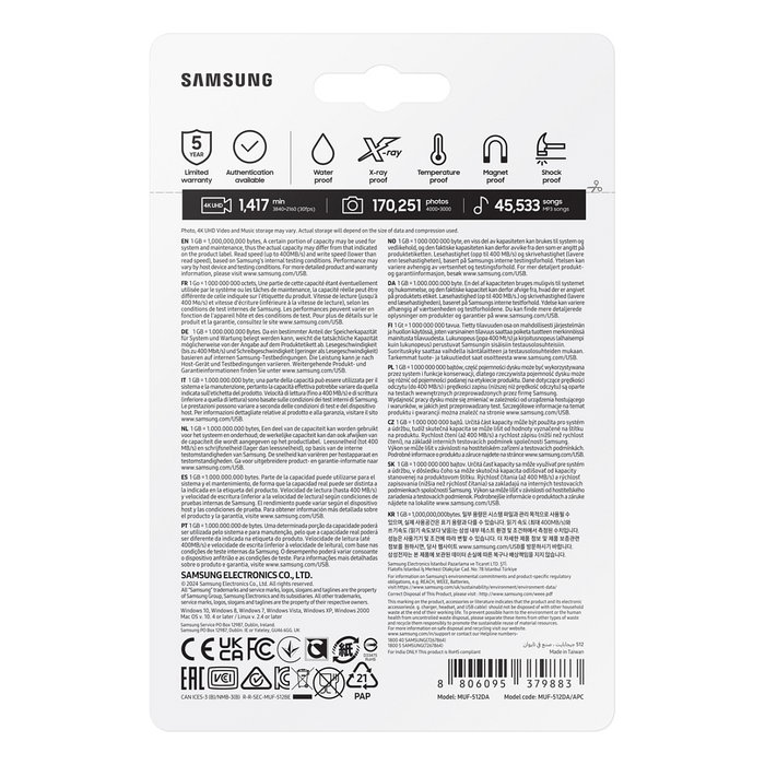 Samsung Bar Plus 512 GB USB-C 3.2 Gen 1 Azul - MUF-512DA/APC - Pendrive, Unidad Flash USB de 400 MB/s para PC, Portátil, Smartphone, Tablet