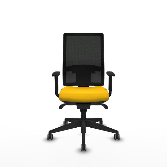 Silla de oficina Horna con mecanismo Sincro tapizada con Tela color Amarillo y malla color Negro. Equipada con lumbar 1D, Brazos 1D y Ruedas 65 mm parqué