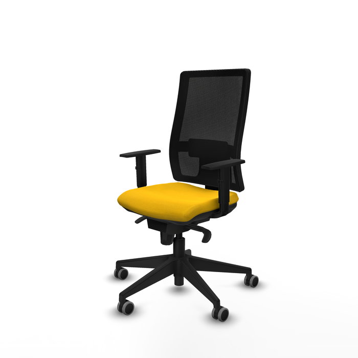 Silla de oficina Horna con mecanismo Sincro tapizada con Tela color Amarillo y malla color Negro. Equipada con lumbar 1D, Brazos 1D y Ruedas 65 mm parqué