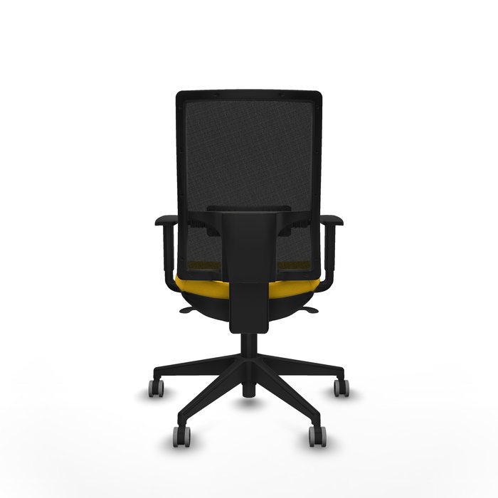 Silla de oficina Horna con mecanismo Sincro tapizada con Tela color Amarillo y malla color Negro. Equipada con lumbar 1D, Brazos 1D y Ruedas 65 mm parqué