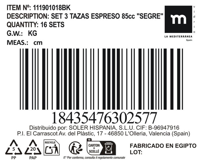 La Mediterranea Set de 3 Tazas de Espresso Segre de 85 cc (Pack de 24 cajas) de 23,8 x 6 x 7,2 cm