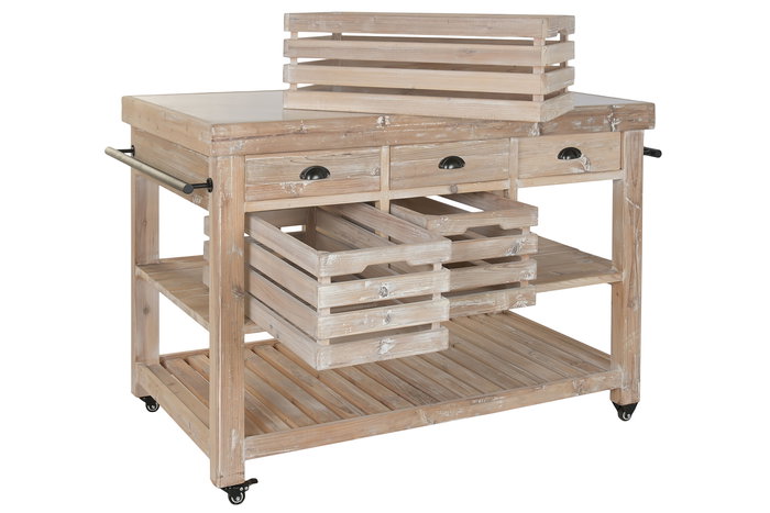 DKD Home Decor Isla de Cocina Cottage Blanco Negro 96 x 142 x 75 cm Abeto Piedra Sinterizada