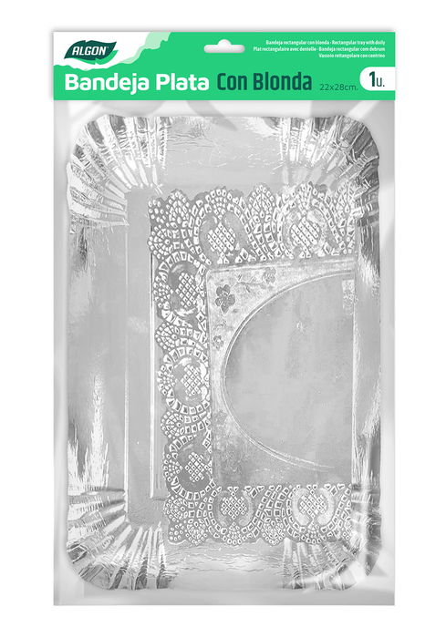 Algon Bandeja Rectangular de Plata con Blonda 23 x 29.5 cm (48 Unidades)