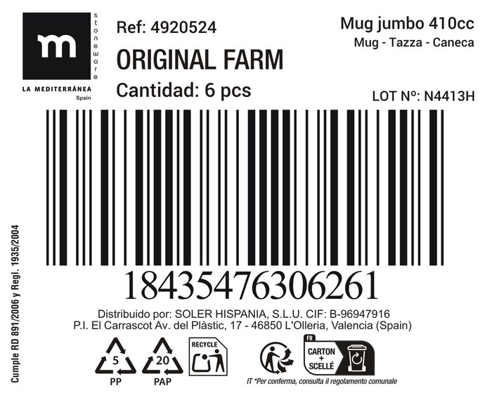Inde Mug Jumbo 410cc Ø11.3x7.6cm (18 Unidades)
