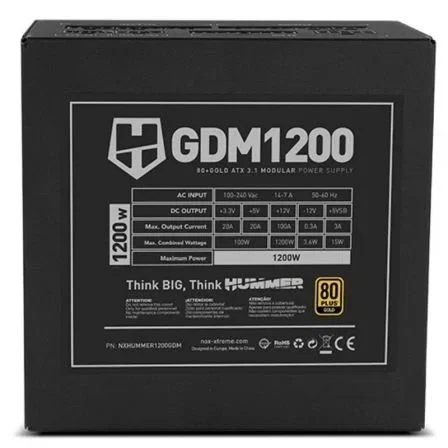 Nox Hummer GDM 1200W Fuente de Alimentación ATX 3.1 Modular PCIe 5.1 80 Plus Gold - Ventilador 12cm Ultra Silencioso (Ref: NXHUMMER1200GDM)