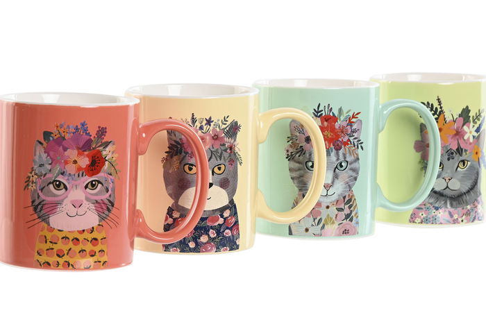 DKD Home Decor Taza Moderna Porcelana New Bone Surtida Verde Rosa Lila Naranja Gatos 360ml (12 Unidades) Apto Microondas y Lavavajillas 8 x 9.5 x 12.5 cm