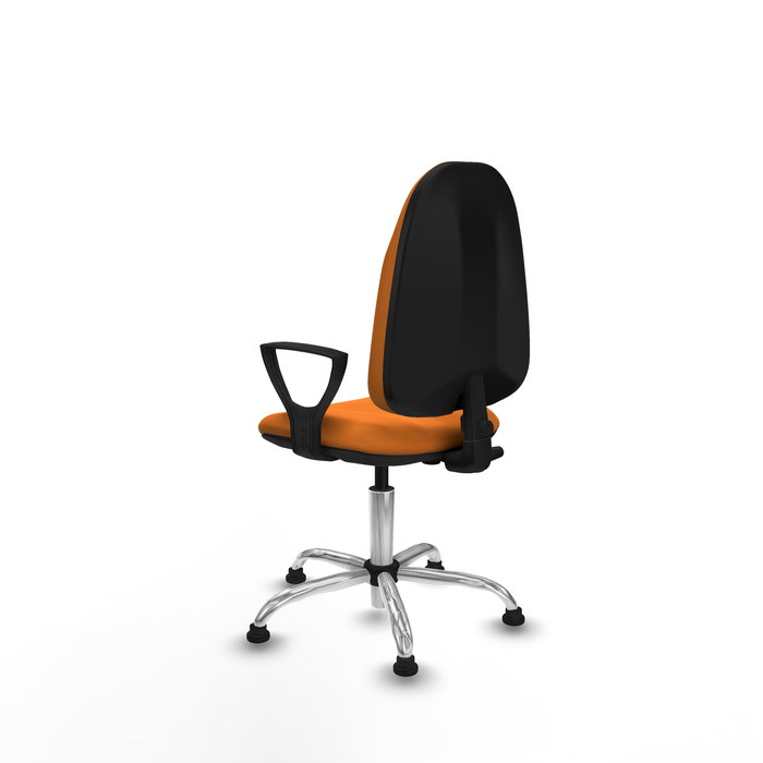 Silla de oficina Algarra con mecanismo Contacto permanente básico tapizada con Similpiel color Naranja. Equipada con Base cromada, Brazos fijosy Topes