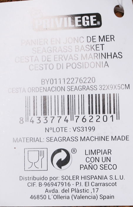 Privilege Cesta de Ordenación de Seagrass 32 cm x 9 cm x 5 cm (24 Unidades)