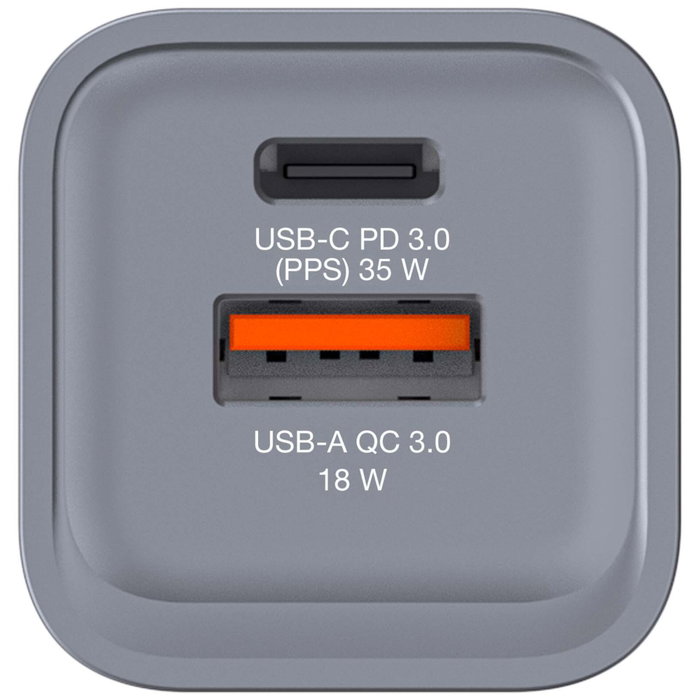 Verbatim GNC-35 Cargador de Pared GaN 35 W con USB-C PD y USB-A QC 3.0, Gris/Negro