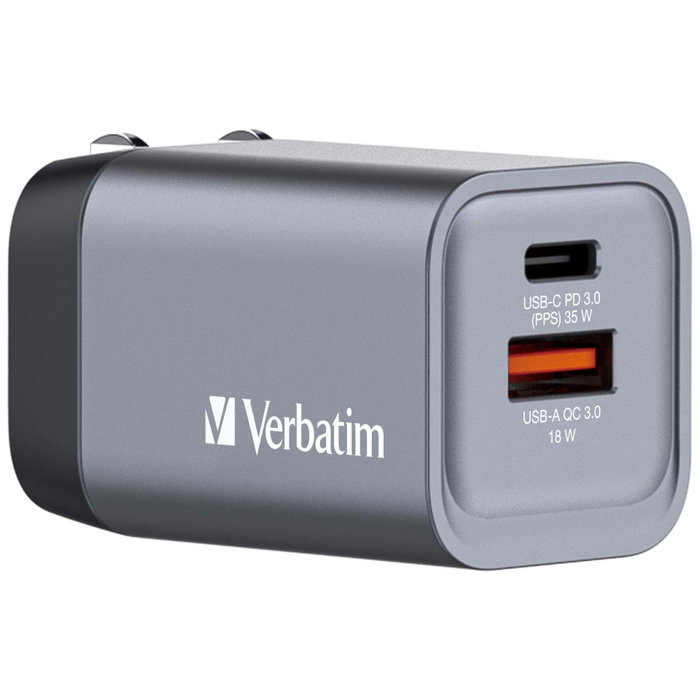Verbatim GNC-35 Cargador de Pared GaN 35 W con USB-C PD y USB-A QC 3.0, Gris/Negro