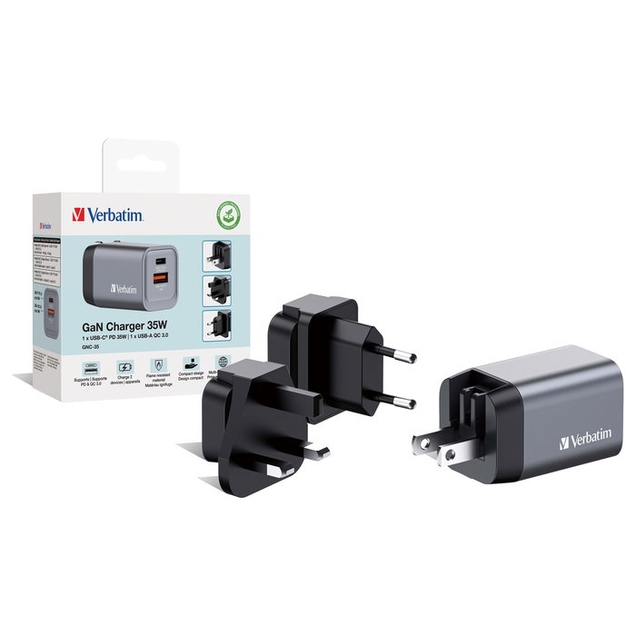 Verbatim GNC-35 Cargador de Pared GaN 35 W con USB-C PD y USB-A QC 3.0, Gris/Negro