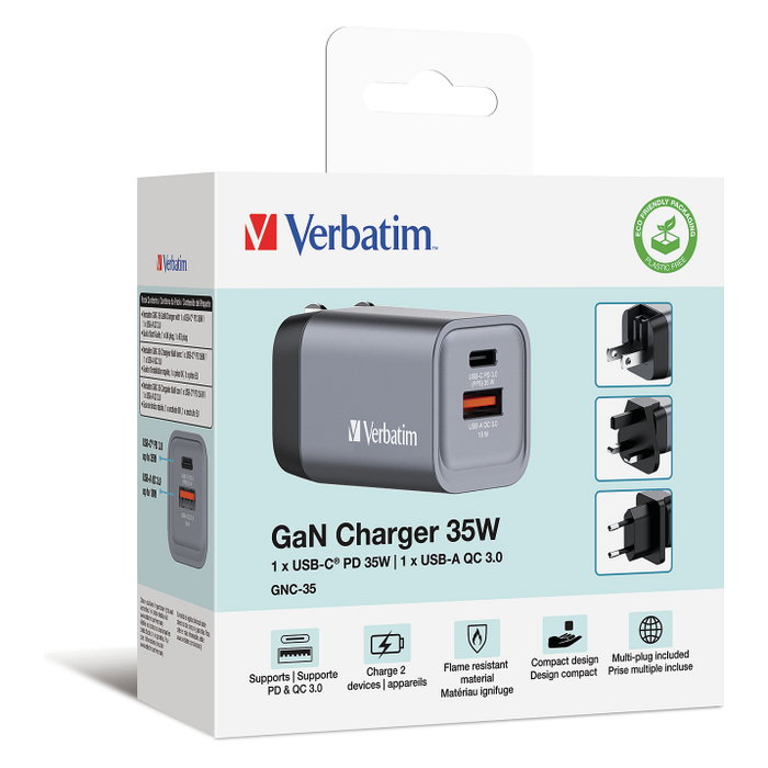 Verbatim GNC-35 Cargador de Pared GaN 35 W con USB-C PD y USB-A QC 3.0, Gris/Negro