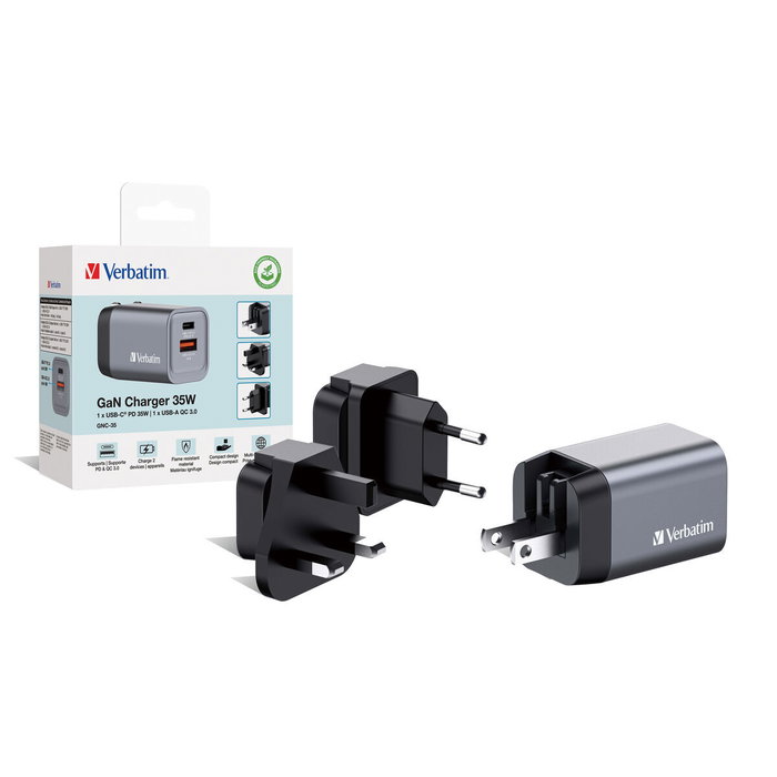 Verbatim GNC-35 Cargador de Pared GaN 35 W con USB-C PD y USB-A QC 3.0, Gris/Negro