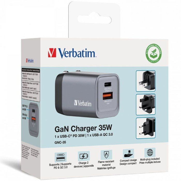 Verbatim GNC-35 Cargador de Pared GaN 35 W con USB-C PD y USB-A QC 3.0, Gris/Negro