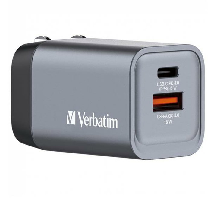 Verbatim GNC-35 Cargador de Pared GaN 35 W con USB-C PD y USB-A QC 3.0, Gris/Negro