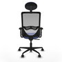 Silla de oficina Zulema con mecanismo Sincro tapizada con Tela color Azul claro y malla color Gris. Equipada con lumbar 1D, Brazos 2D, Cabecero Fijo y Ruedas 65mm nailon