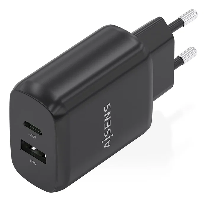 Aisens Cargador GaN 30W con USB-C PD 3.0 y USB-A QC 3.0, Negro A110-0924