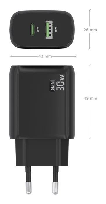 Aisens Cargador GaN 30W con USB-C PD 3.0 y USB-A QC 3.0, Negro A110-0924