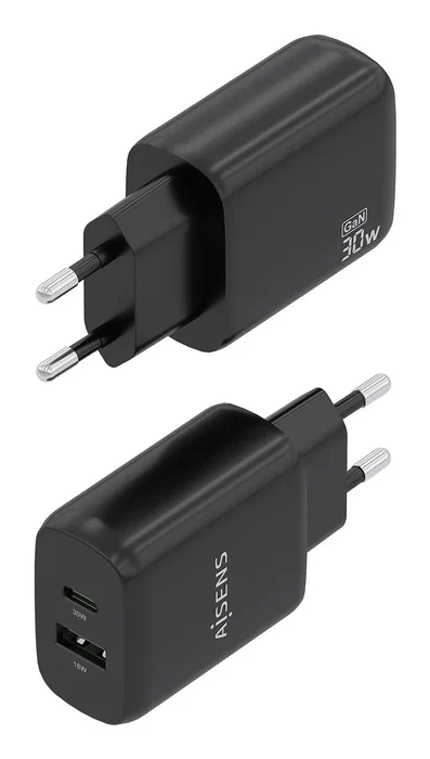Aisens Cargador GaN 30W con USB-C PD 3.0 y USB-A QC 3.0, Negro A110-0924