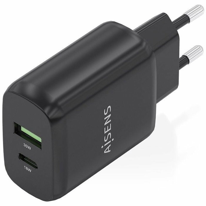 Aisens Cargador GaN 30W con USB-C PD 3.0 y USB-A QC 3.0, Negro A110-0924