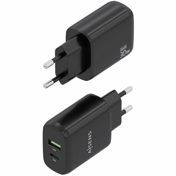 Aisens Cargador GaN 30W con USB-C PD 3.0 y USB-A QC 3.0, Negro A110-0924