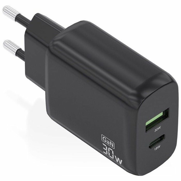 Aisens Cargador GaN 30W con USB-C PD 3.0 y USB-A QC 3.0, Negro A110-0924
