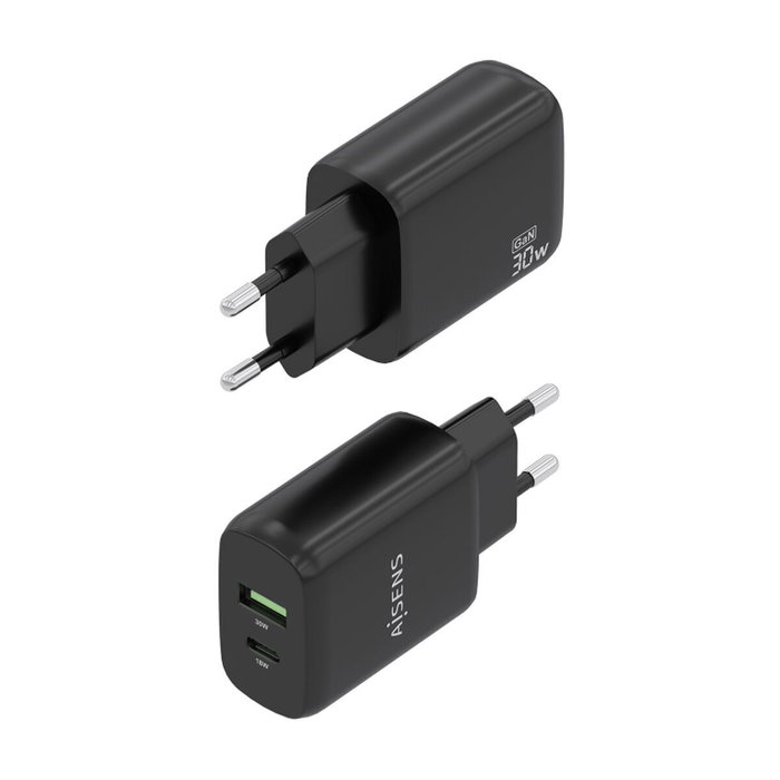 Aisens Cargador GaN 30W con USB-C PD 3.0 y USB-A QC 3.0, Negro A110-0924