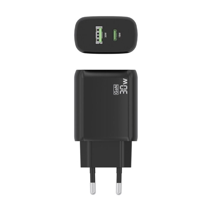 Aisens Cargador GaN 30W con USB-C PD 3.0 y USB-A QC 3.0, Negro A110-0924