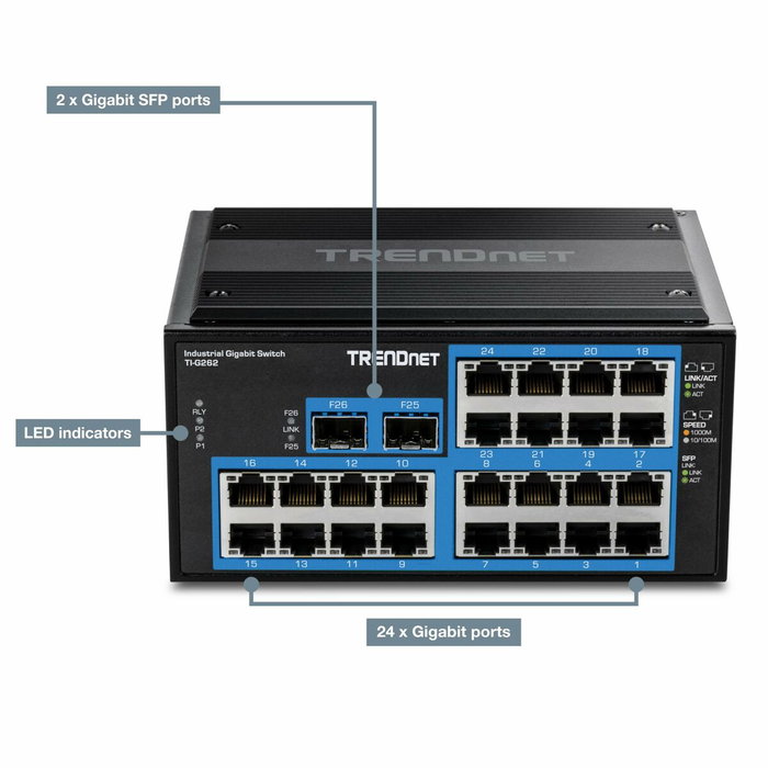 TRENDnet TI-G262 Switch Industrial Gigabit de 26 Puertos con Montaje en Riel DIN