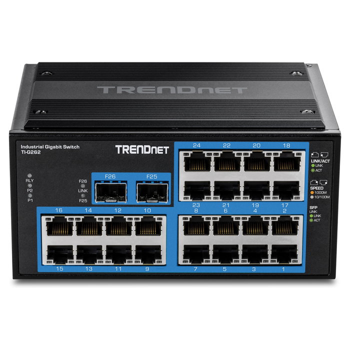 TRENDnet TI-G262 Switch Industrial con Montaje en Riel DIN, 24 Puertos Gigabit Ethernet + 2 SFP, 52 Gbps, -40 a 75 grados C