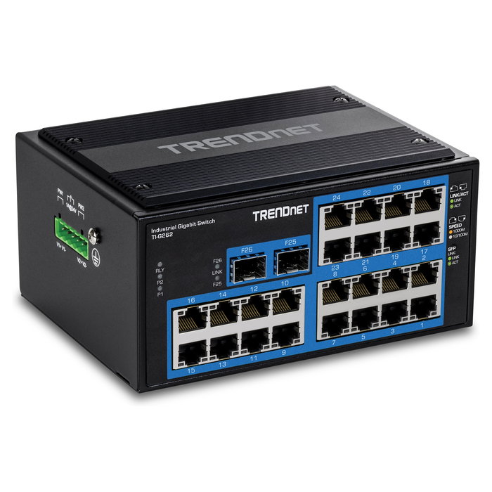 TRENDnet TI-G262 Switch Industrial con Montaje en Riel DIN, 24 Puertos Gigabit Ethernet + 2 SFP, 52 Gbps, -40 a 75 grados C