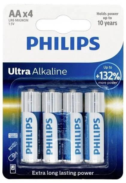 Philips Pilas AA Ultra Alcalina LR6E4B/10, Pack de 4 Philips Pilas AA Ultra Alcalina LR6E4B/10, Pack de 4