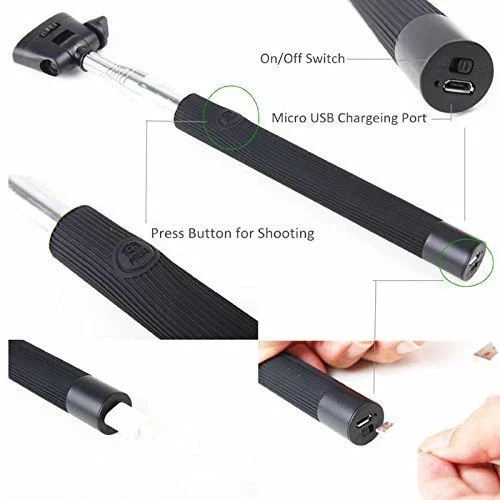 KHOMO KHO-SELFIE-STICK-BLK Palo Selfie Bluetooth con Trípode, Extensible hasta 100.5cm, Universal para Android y iOS, Negro
