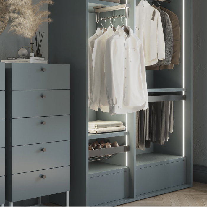 Emuca Kit de cajón zapatero y bastidor regulable Quartz para armarios, guías de cierre suave y extracción total, Módulo 80cm, Acabado Titanio