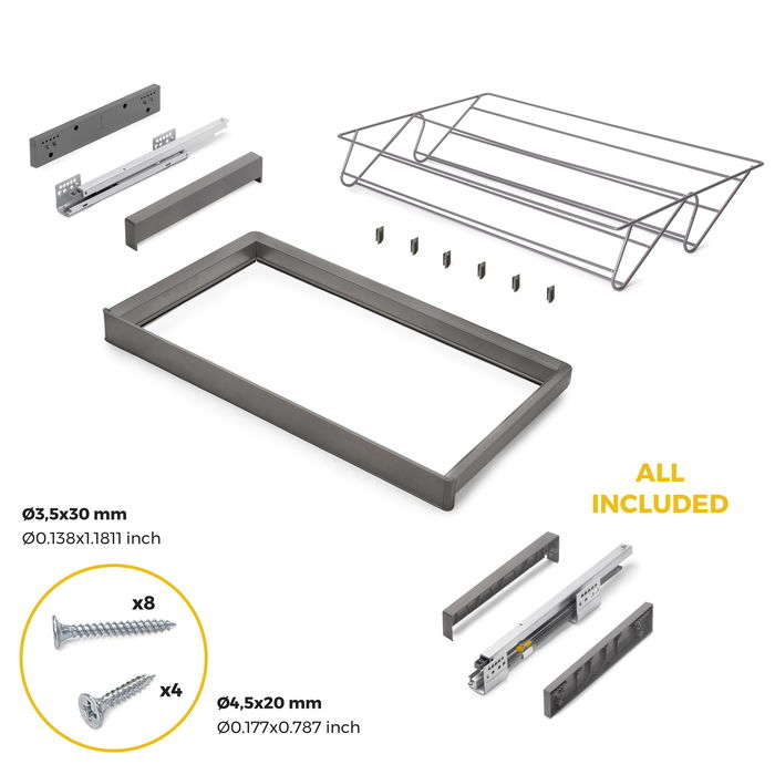 Emuca Kit de cajón zapatero y bastidor regulable Quartz para armarios, guías de cierre suave y extracción total, Módulo 80cm, Acabado Titanio