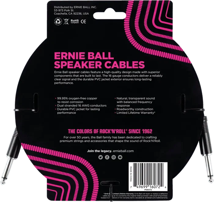 ERNIEBALL Cable de Altavoz Jack-Jack SS 1,83 m - Negro