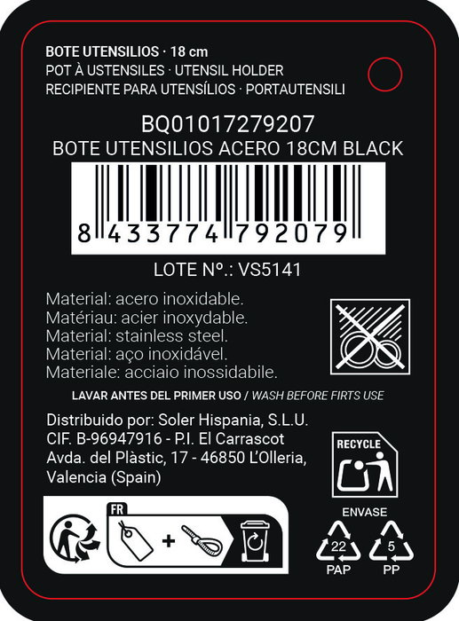 Inde Bote Porta Utensilios de Acero para Cocina, 18 cm de Alto, Color Negro, Medidas 12 x 12 x 18 cm (12 Unidades) Inde Bote Porta Utensilios de Acero para Cocina, 18 cm de Alto, Color Negro, Medidas 12 x 12 x 18 cm (12 Unidades)