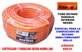 Tubo de Goma Manguera Butano Naranja 9 mm x 15 mm x 60 Metros Rollo