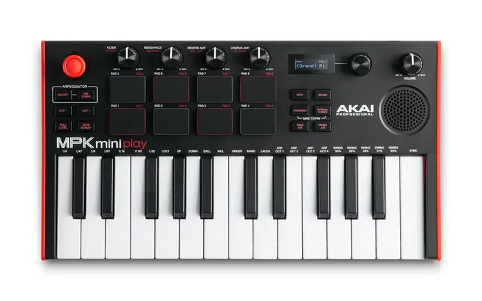Akai MPK Miniplay Mk3 Teclado Controlador USB con Altavoz Integrado, 25 Miniteclas Sensibles a la Velocidad, Pads MPC Retroiluminados, Pantalla OLED y Arpegiador