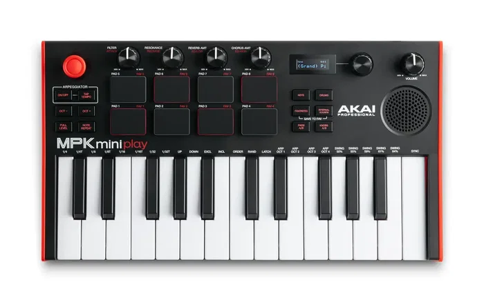 Akai MPK Miniplay Mk3 Teclado Controlador USB con Altavoz Integrado, 25 Miniteclas Sensibles a la Velocidad, Pads MPC Retroiluminados, Pantalla OLED y Arpegiador