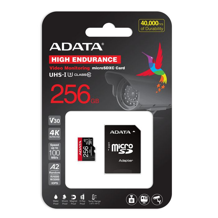 ADATA 256GB microSDXC/SDHC UHS-I U3 V30 A2, Tarjeta de Memoria de Alta Resistencia para Dashcams y Sistemas de Vigilancia, Resistente al Agua y Golpes