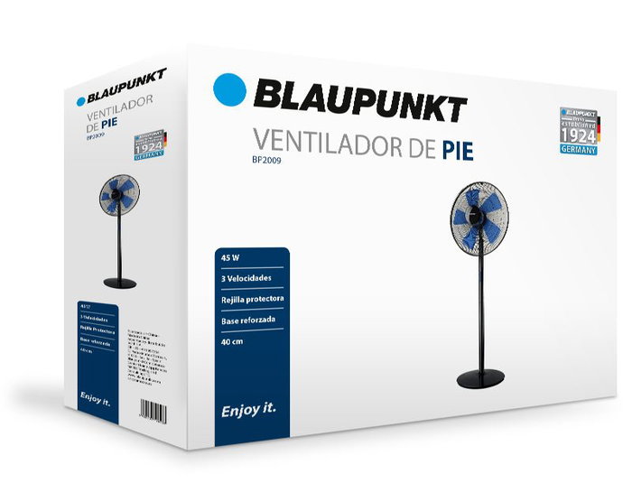 BLAUPUNKT Ventilador de Pie, Base Redonda, 5 Aspas, 45W de Potencia, Modelo Referencia PIE-BASE-REDONDA-5-ASPAS-45W