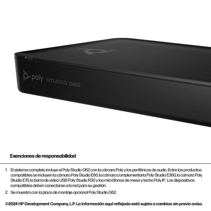 HP Poly Studio G62 Sistema de Videoconferencia para 10 Personas 4K Ultra HD, Con Kit de Montaje y Alimentación PoE+, Compatible TAA, Bluetooth 5.1, Negro