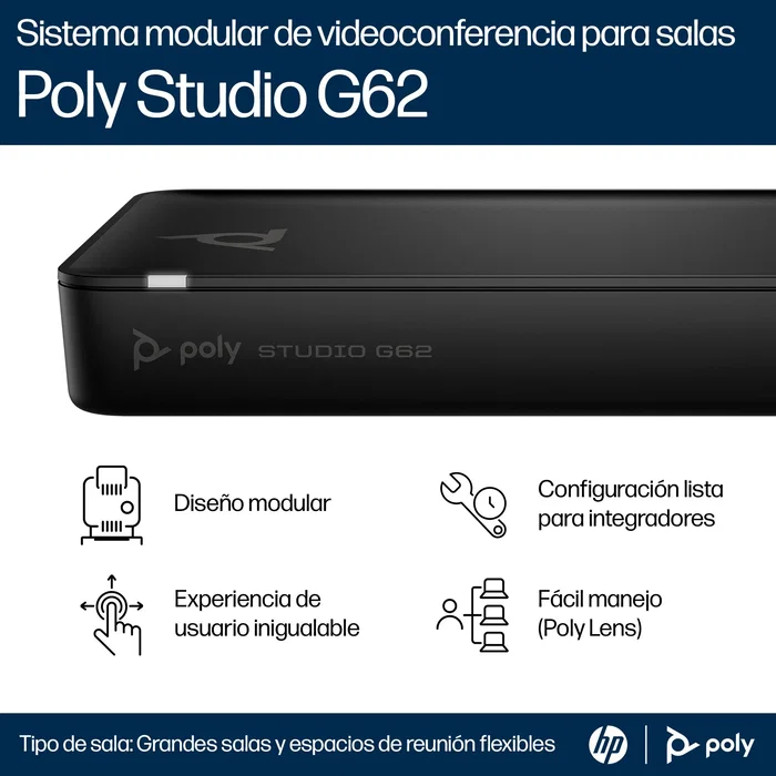 HP Poly Studio G62 Sistema de Videoconferencia para 10 Personas 4K Ultra HD, Con Kit de Montaje y Alimentación PoE+, Compatible TAA, Bluetooth 5.1, Negro