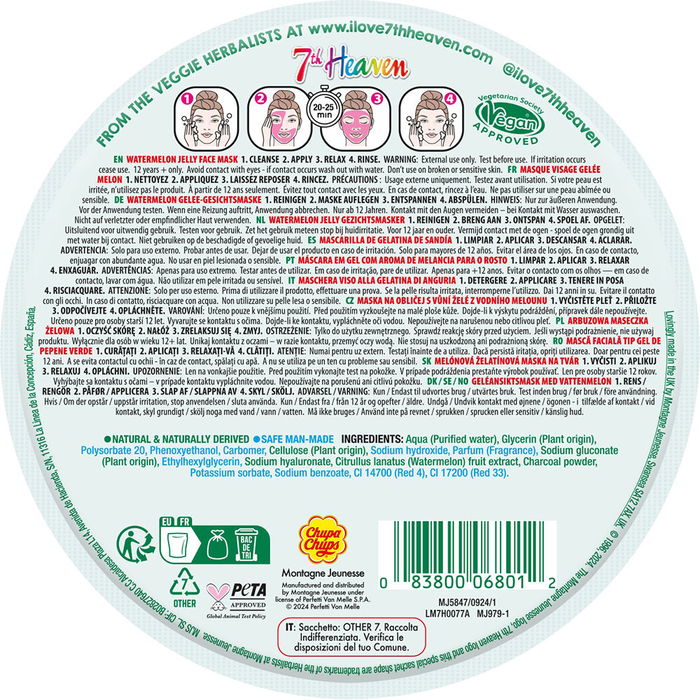 7th Heaven Mascarilla Gelatinosa Facial de Sandía Chupa Chups 8 ml, con Carbón y Vitamina E, Tratamiento Hidratante