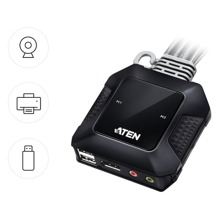 ATEN CS52DP KVM Switch Híbrido 2 Puertos USB-C/DisplayPort, Cable 1.2m, Resolución 4K Ultra HD 4096x2160, Negro