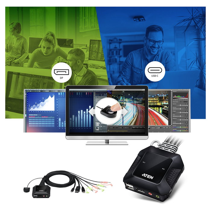 ATEN CS52DP KVM Switch Híbrido 2 Puertos USB-C/DisplayPort, Cable 1.2m, Resolución 4K Ultra HD 4096x2160, Negro