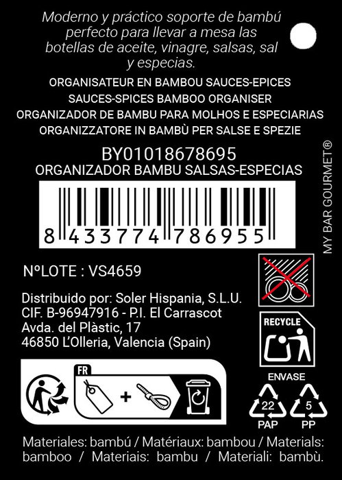Inde Organizador Bambú para Salsas y Especias My Bar, 15 cm Largo x 15.1 cm Ancho x 21.9 cm Alto (12 Unidades)