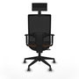 Silla de oficina Horna con mecanismo Sincro/Traslack tapizada con Tela color Marrón oscuro y malla color Negro. Equipada con lumbar 1D, Brazos 1D, Cabecero Fijo y Ruedas 65 mm parqué