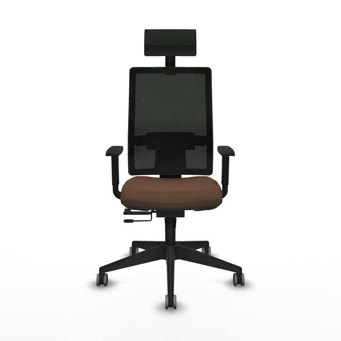 Silla de oficina Horna con mecanismo Sincro/Traslack tapizada con Tela color Marrón oscuro y malla color Negro. Equipada con lumbar 1D, Brazos 1D, Cabecero Fijo y Ruedas 65 mm parqué